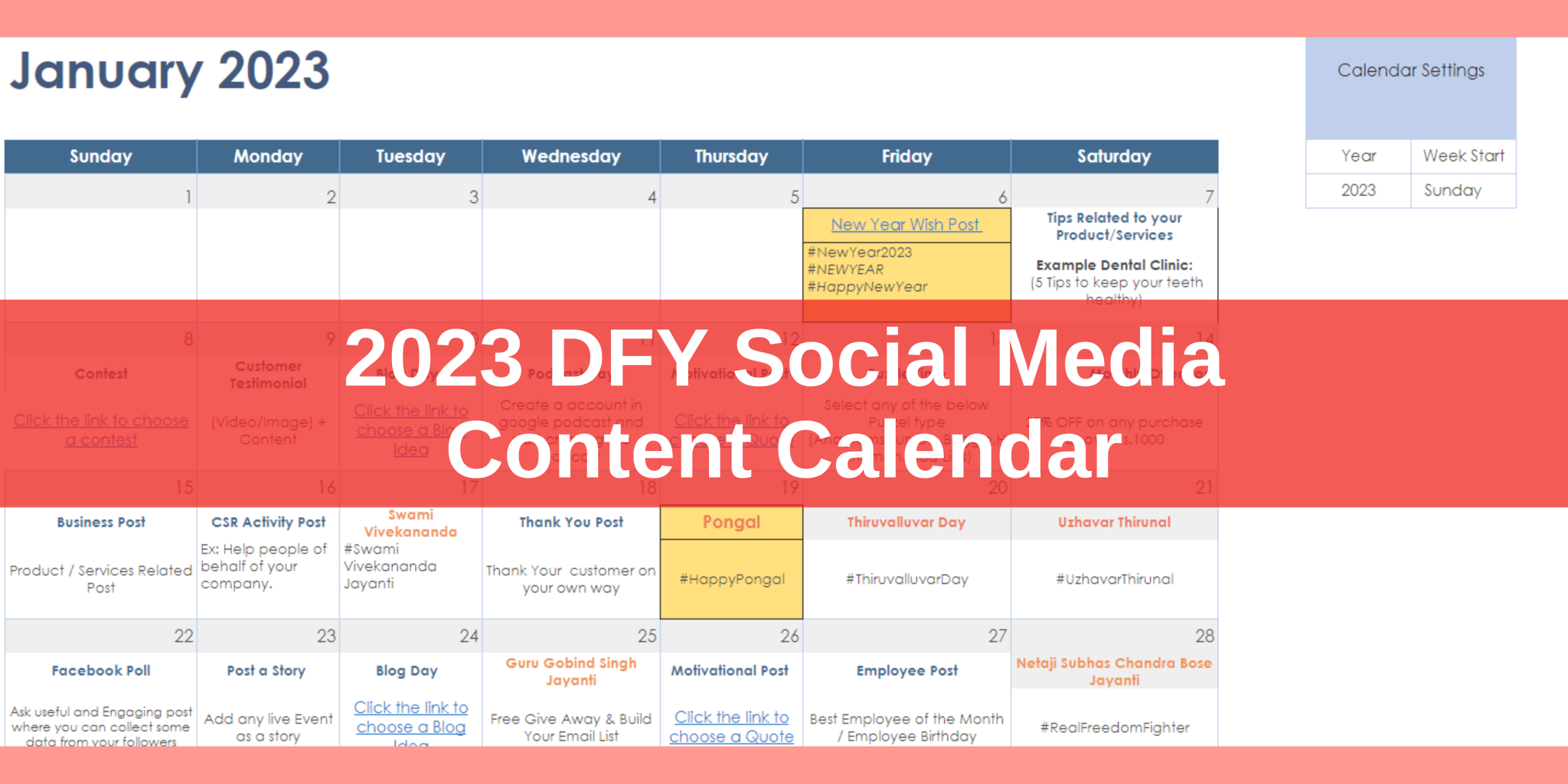 2023 DFY Social Media Content Calendar