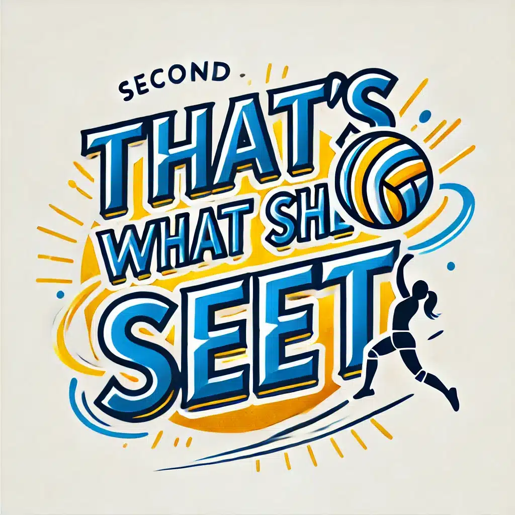 DALL·E 2024-09-30 09.28.01 - A second playful word art design featuring the phrase 'That's What She Set' with a volleyball theme. This version should use a more modern, sleek font