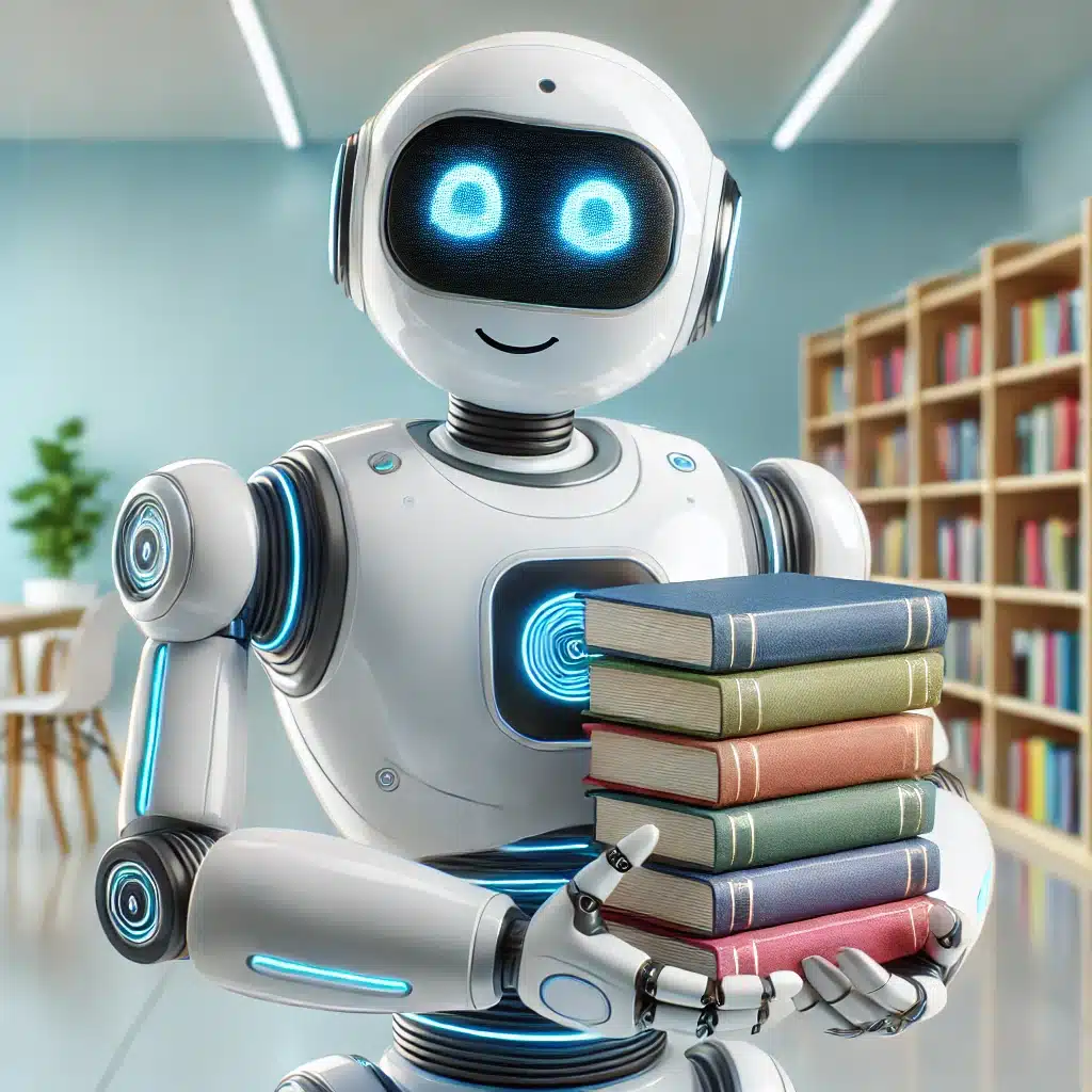 DALL·E 2025-03-03 11.28.54 - A friendly robot holding a stack of books, with a cheerful expression and a sleek futuristic design. The robot has a glowing interface and appears hel