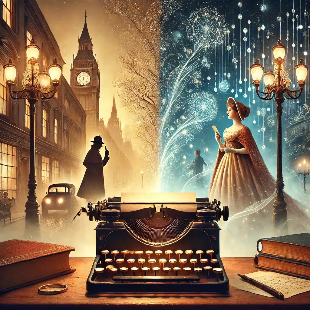 DALL·E 2025-03-04 10.01.26 - A beautifully designed book cover-style illustration inspired by classic literature and AI-powered storytelling. __In the foreground, a vintage typewr