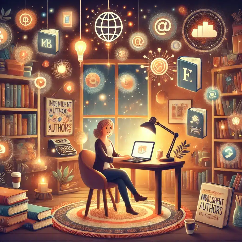 DALL·E 2025-03-05 09.01.16 - A cozy and inspiring illustration showcasing the success of independent authors. At the center, a self-published author sits comfortably in a warm, in