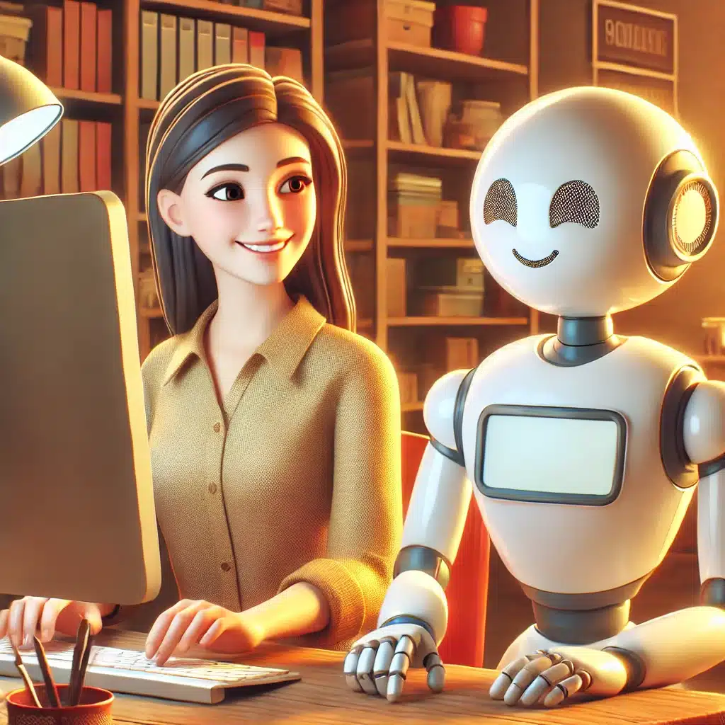 DALL·E 2025-03-05 09.13.15 - A warm and inviting illustration of a happy woman typing at a computer while a friendly, non-human-looking robot watches with curiosity. The robot has