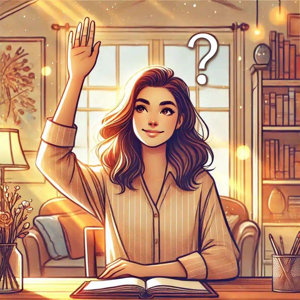 DALL·E 2025-03-05 09.15.28 - A warm and inviting illustration of a curious woman raising her hand to ask a question. She has an engaged and thoughtful expression, sitting in a coz