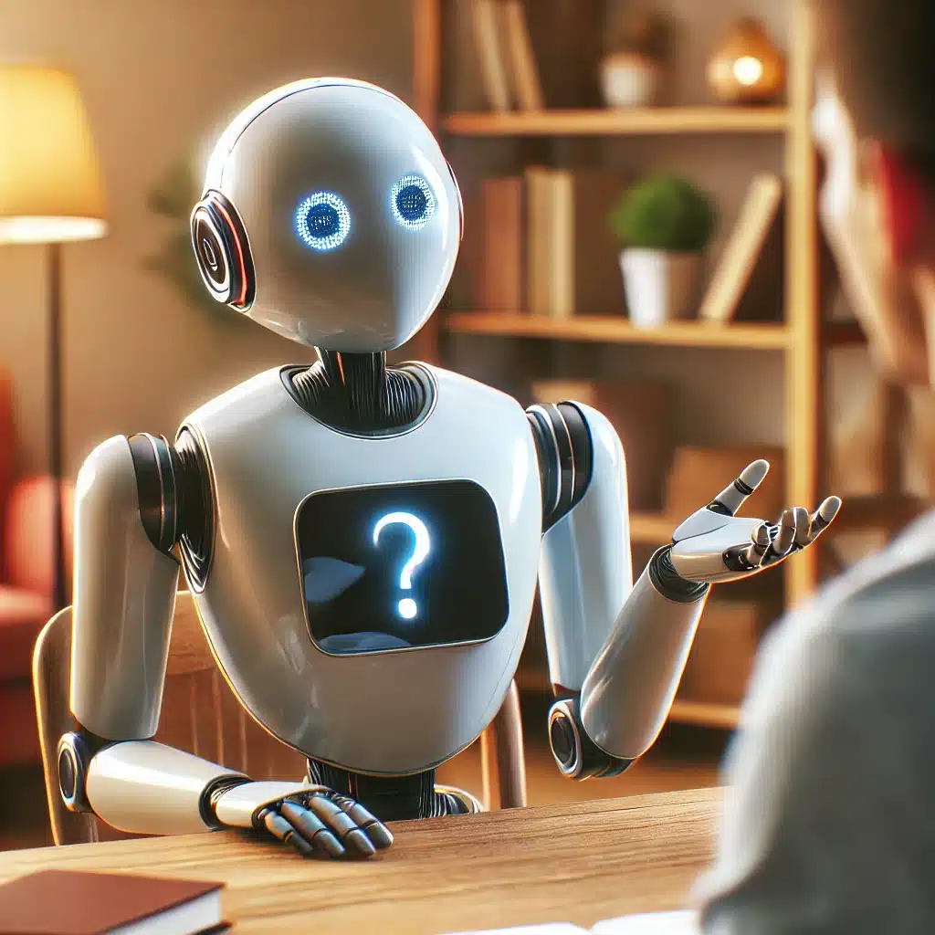 DALL·E 2025-03-05 09.25.37 - A friendly, non-human-looking robot with a sleek, rounded, and expressive design appears to be asking questions in an engaging and curious manner. The
