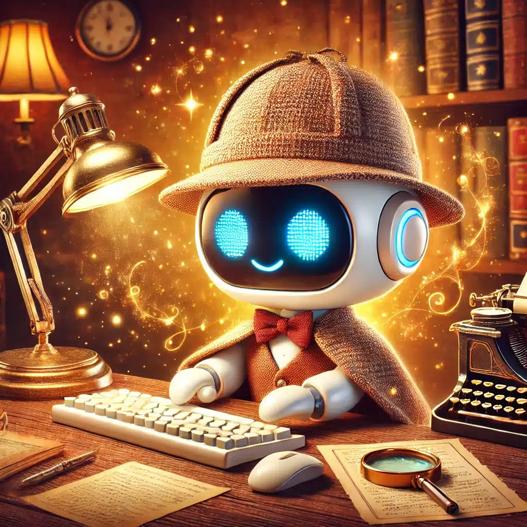DALL·E 2025-03-05 09.29.15 - A friendly and inviting illustration of a small, cute AI helper bot dressed as a classic detective, complete with a deerstalker hat and a magnifying g