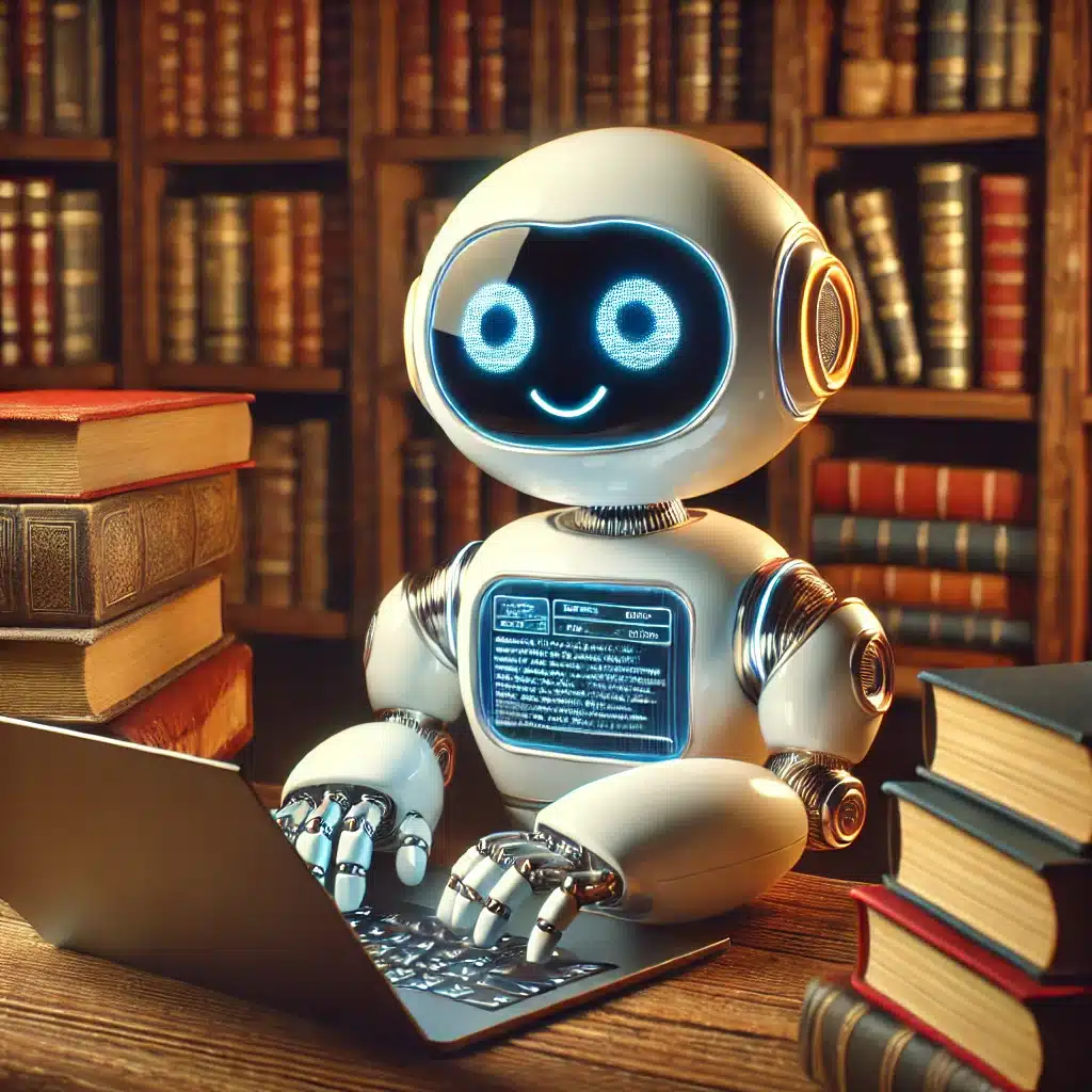 DALL·E 2025-03-05 11.52.00 - A friendly, cute robot typing on a laptop while surrounded by stacks of old books. The robot has an expressive face, a glowing interface, and a sleek