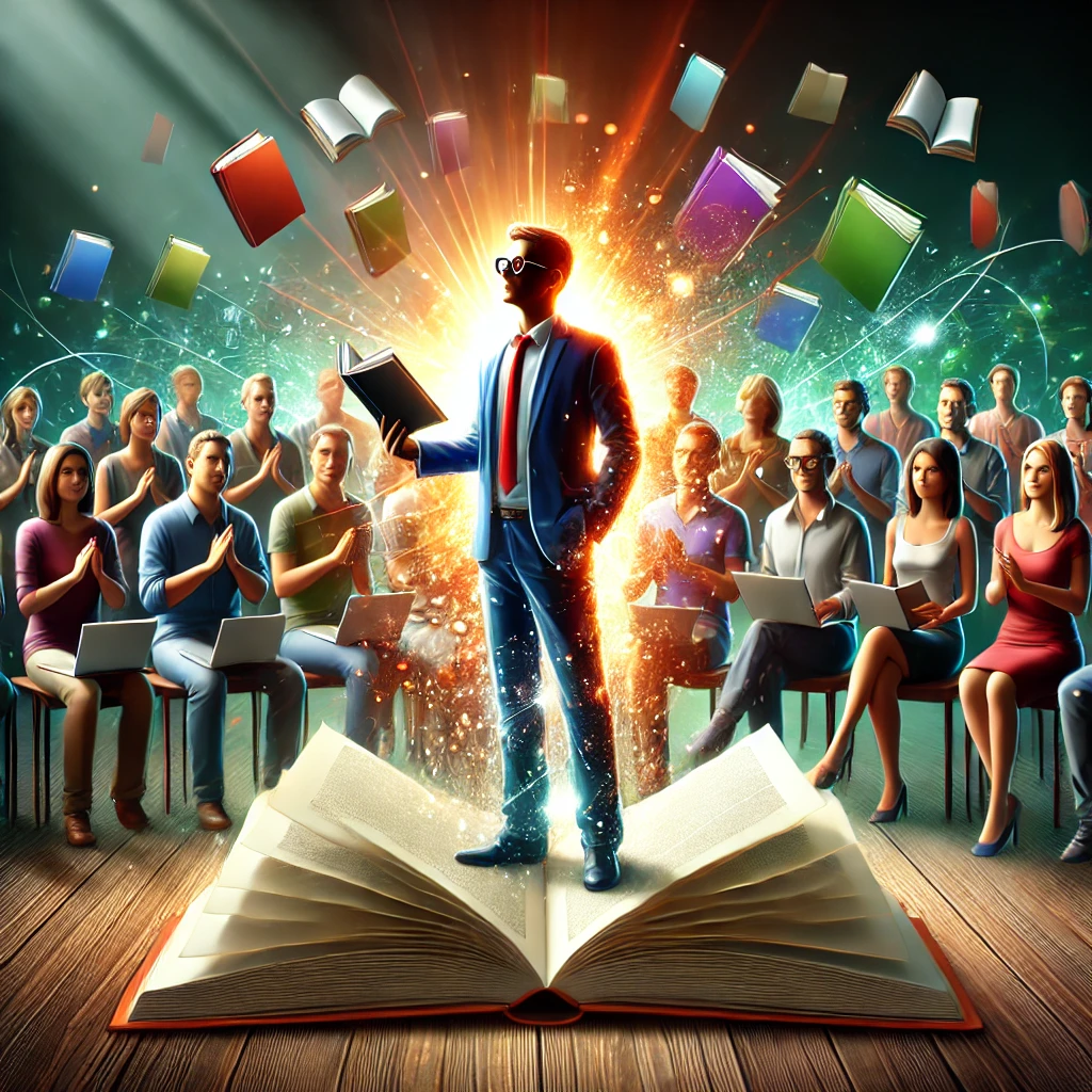 DALL·E 2025-03-19 08.43.34 - A self-publishing author confidently standing out from the crowd in a vibrant, engaging way. The scene shows the author in the foreground, holding a b