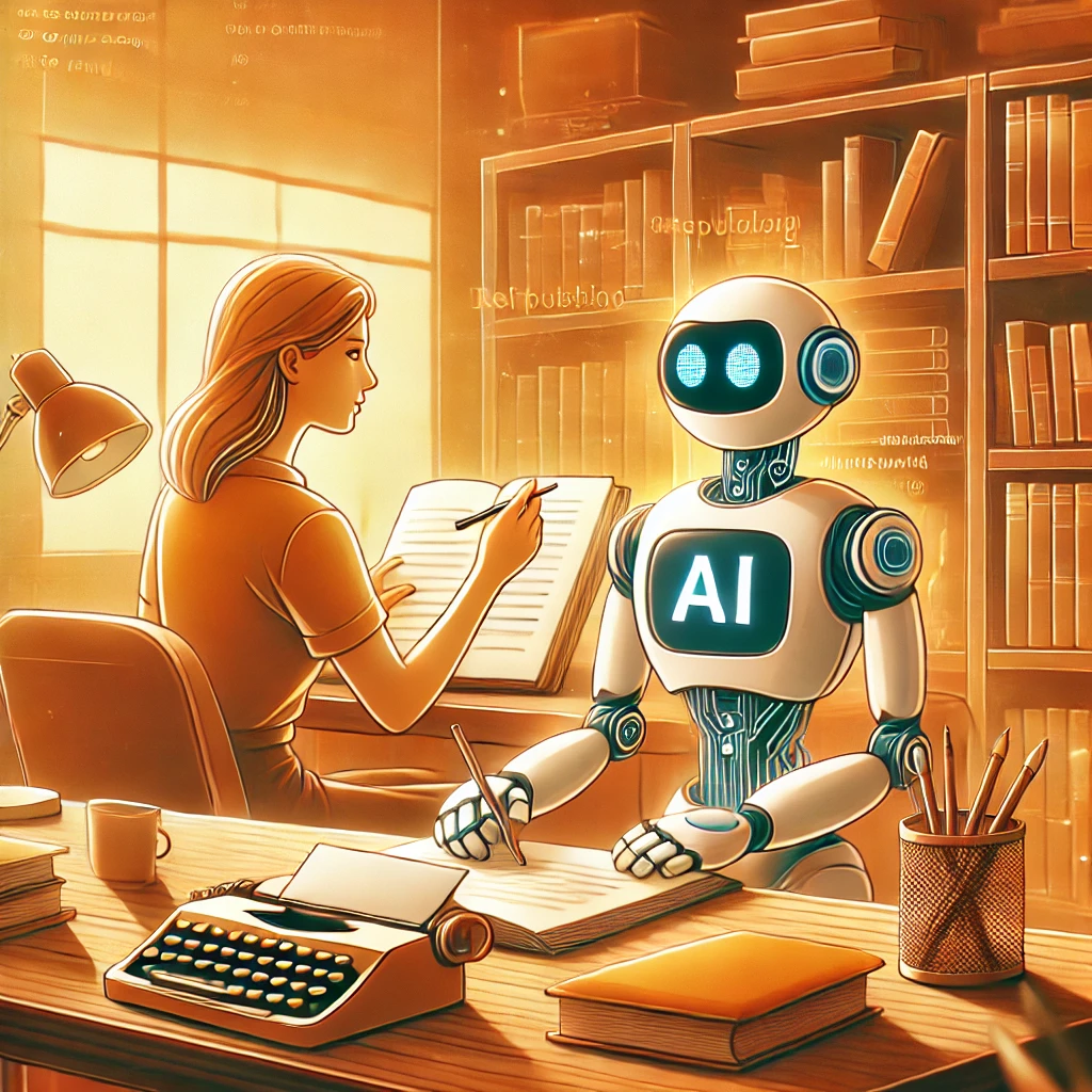 DALL·E 2025-03-19 08.46.17 - A visually engaging digital illustration of a self-publishing author working with a friendly AI robot to write a book. The scene is warm and inspiring
