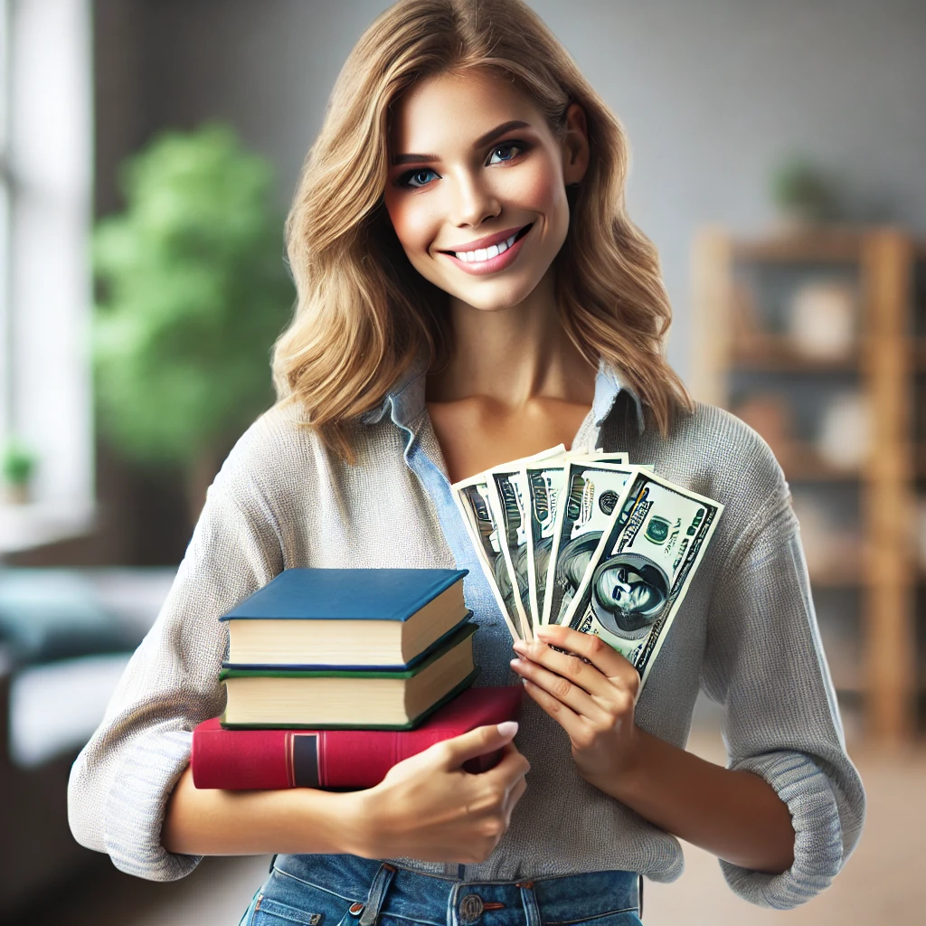 DALL·E 2025-03-19 10.24.23 - A happy, friendly woman in casual clothes holding both a stack of books and a stack of cash. She has a warm smile and an inviting expression, standing